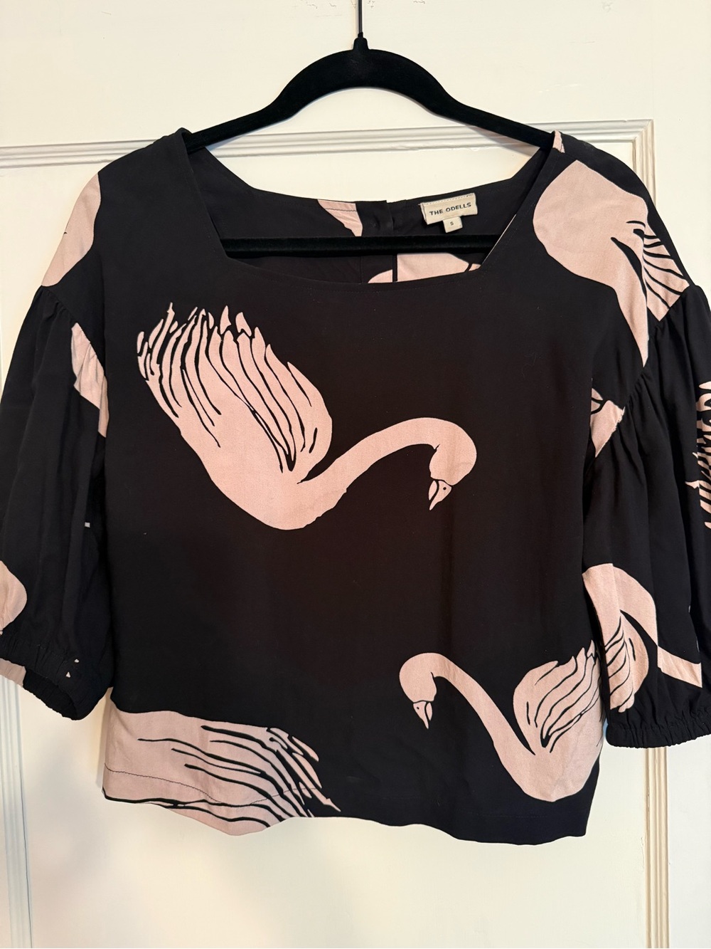 The Odells Black Blouse with Blush Swan Print